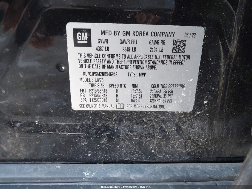 2022 Chevrolet Trax Awd Lt VIN: KL7CJPSM2NB546942 Lot: 43833602