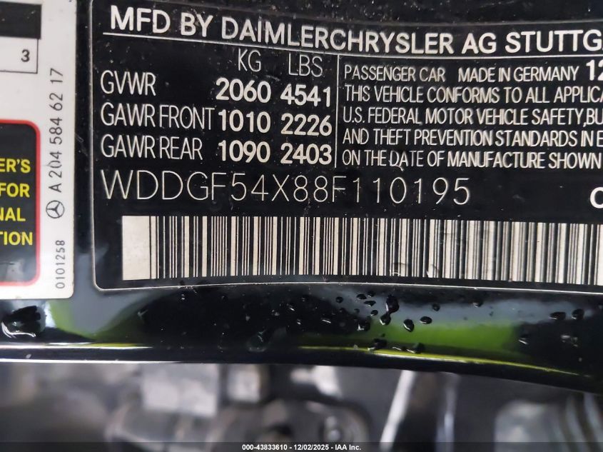 2008 Mercedes-Benz C 300 Luxury/Sport VIN: WDDGF54X88F110195 Lot: 43833610