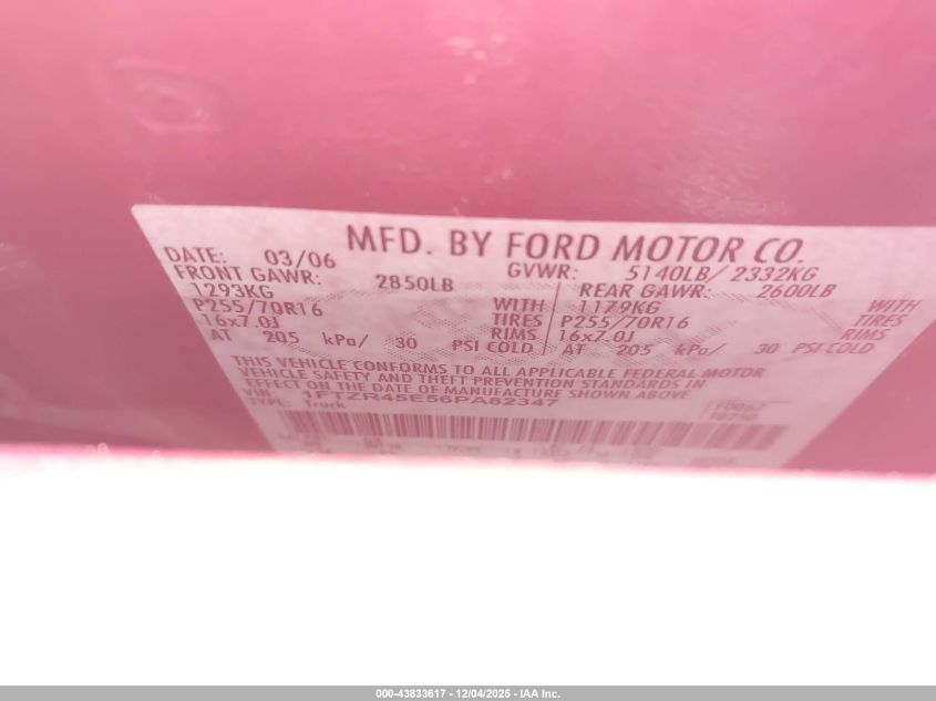 2006 Ford Ranger Fx4 Level Ii/Fx4 Off-Road/Sport/Xlt VIN: 1FTZR45E56PA82347 Lot: 43833617