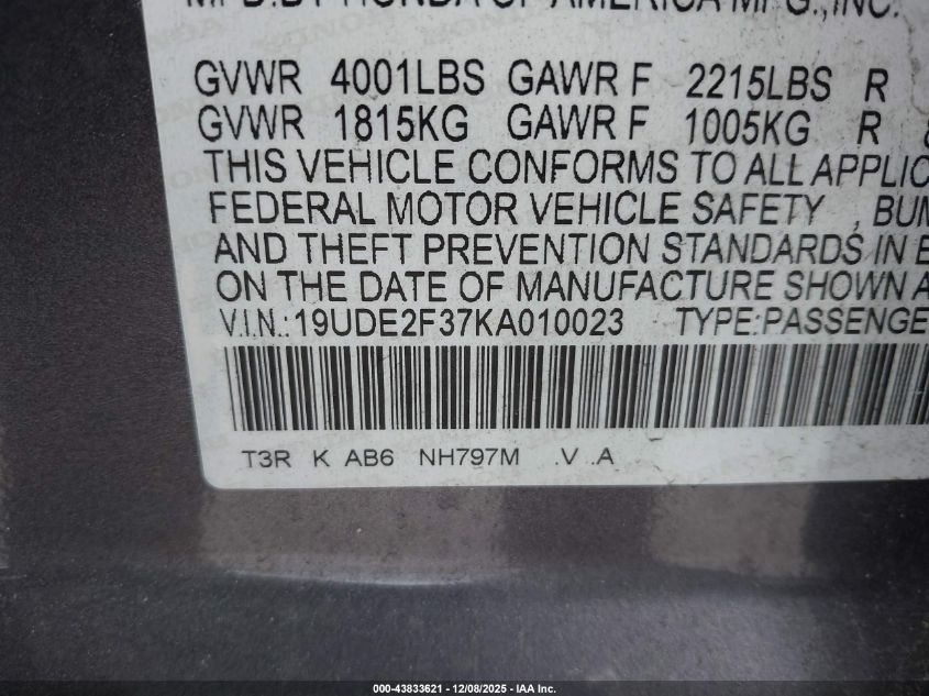 2019 Acura Ilx Standard VIN: 19UDE2F37KA010023 Lot: 43833621