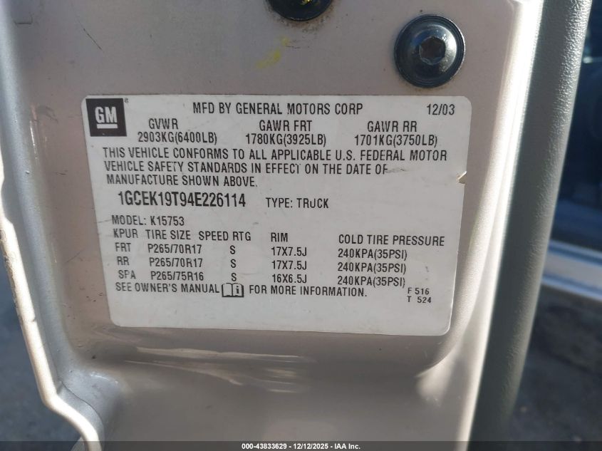 2004 Chevrolet Silverado 1500 Z71 VIN: 1GCEK19T94E226114 Lot: 43833629