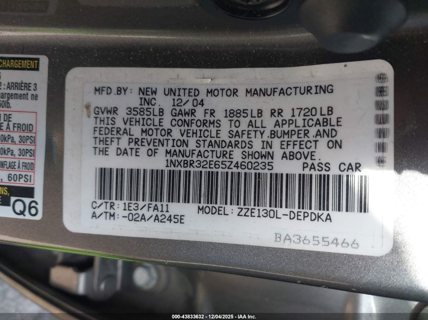 2005 Toyota Corolla Ce/Le/S VIN: 1NXBR32E65Z460235 Lot: 43833632