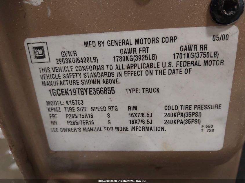 2000 Chevrolet Silverado 1500 Lt VIN: 1GCEK19T8YE366855 Lot: 43833638