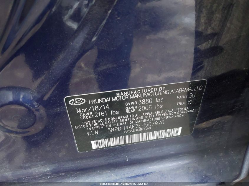 2014 Hyundai Elantra Se VIN: 5NPDH4AE7EH507970 Lot: 43833640
