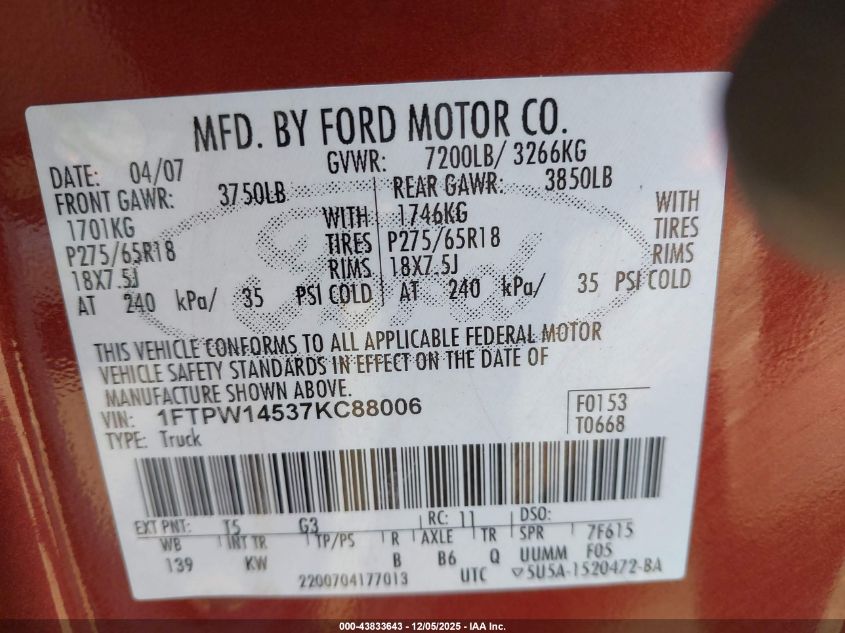 2007 Ford F-150 Fx4/Lariat/Xlt VIN: 1FTPW14537KC88006 Lot: 43833643
