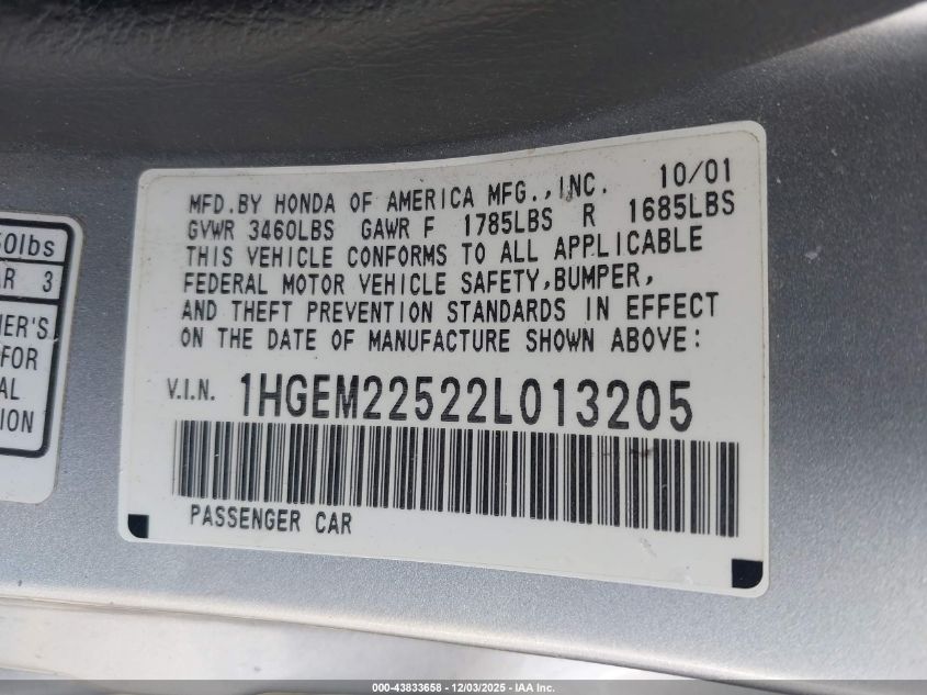 2002 Honda Civic Lx VIN: 1HGEM22522L013205 Lot: 43833658