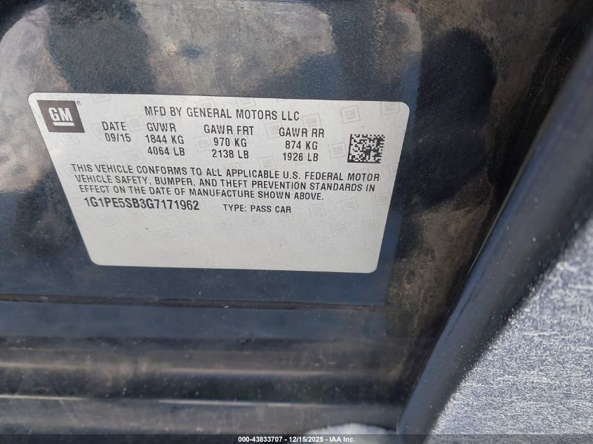 2016 Chevrolet Cruze Limited 1Lt Auto VIN: 1G1PE5SB3G7171962 Lot: 43833707