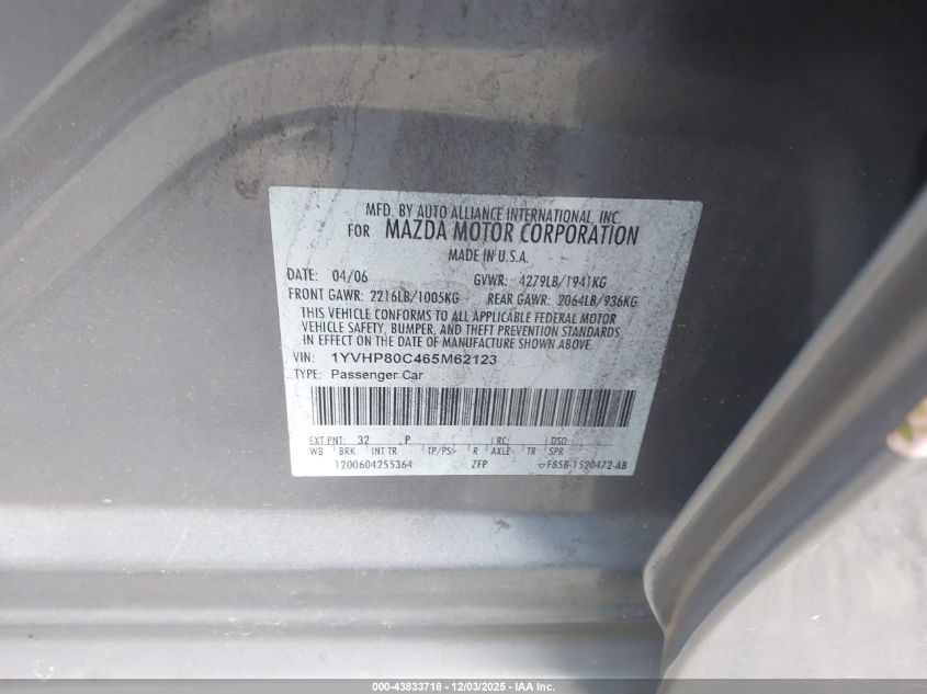 2006 Mazda Mazda6 I VIN: 1YVHP80C465M62123 Lot: 43833718