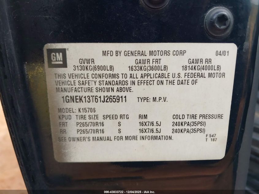 2001 Chevrolet Tahoe Lt VIN: 1GNEK13T61J265911 Lot: 43833722