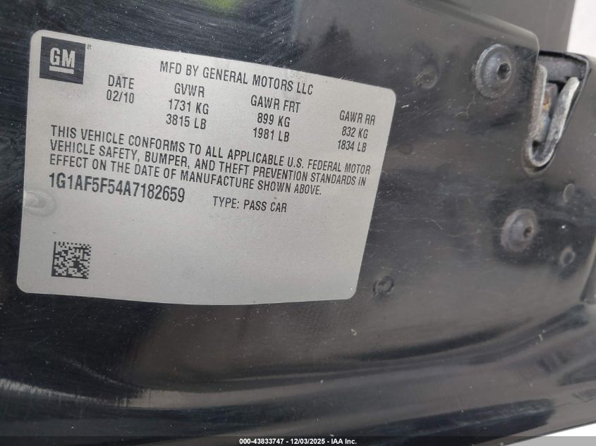 2010 Chevrolet Cobalt Lt VIN: 1G1AF5F54A7182659 Lot: 43833747