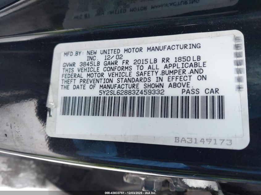 2003 Pontiac Vibe VIN: 5Y2SL62883Z459332 Lot: 43833751