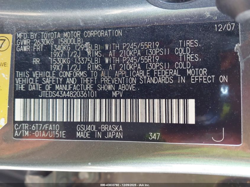 2008 Toyota Highlander Sport VIN: JTEDS43A482036101 Lot: 43833760