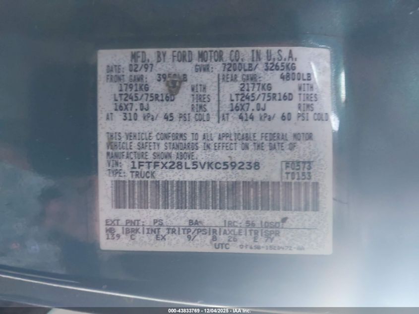 1997 Ford F-250 Lariat/Standard/Xl/Xlt VIN: 1FTFX28L5VKC59238 Lot: 43833769