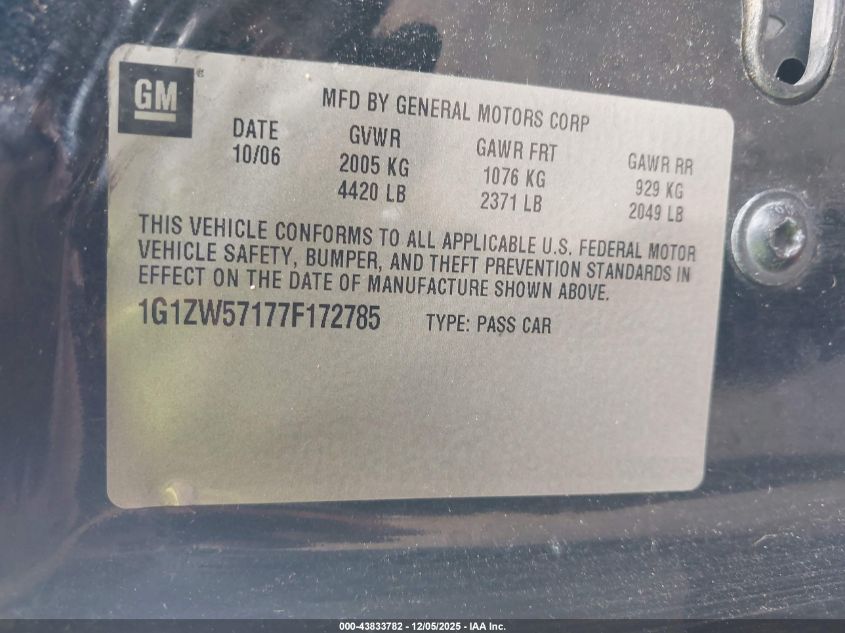 2007 Chevrolet Malibu Ss VIN: 1G1ZW57177F172785 Lot: 43833782