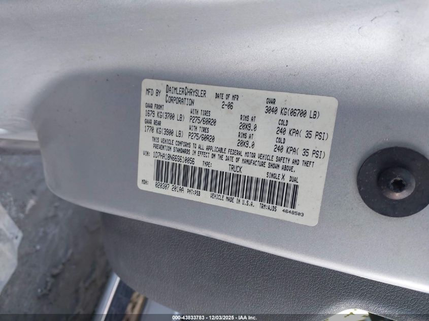 2006 Dodge Ram 1500 Slt VIN: 1D7HA18N66S610056 Lot: 43833783