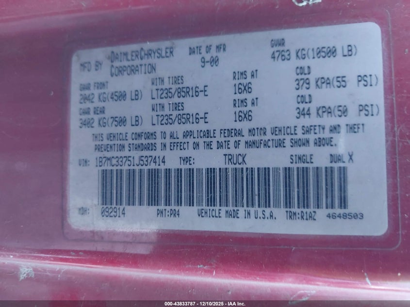 2001 Dodge Ram 3500 St VIN: 1B7MC33751J537414 Lot: 43833787