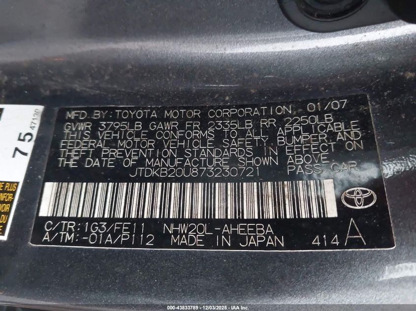 2007 Toyota Prius VIN: JTDKB20U873230721 Lot: 43833789