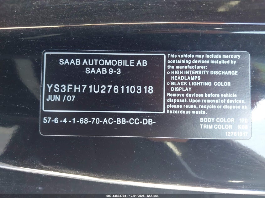 YS3FH71U276110318 2007 SAAB 9-3 photo no. 9