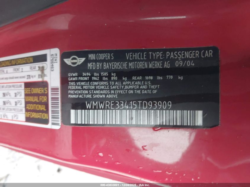 2005 Mini Cooper S VIN: WMWRE33415TD93909 Lot: 43833801