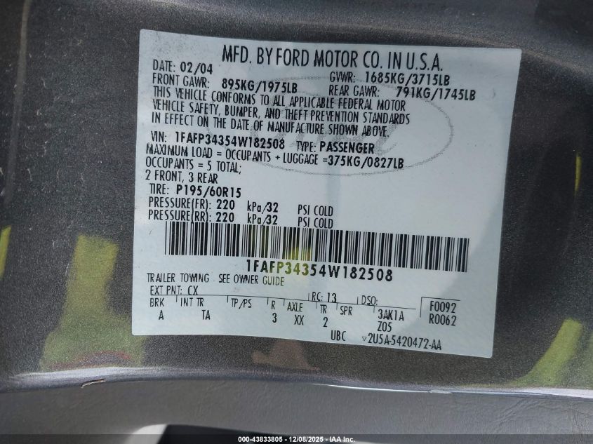 2004 Ford Focus Se VIN: 1FAFP34354W182508 Lot: 43833805