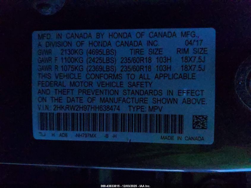 2017 Honda Cr-V Touring VIN: 2HKRW2H97HH638474 Lot: 43833815