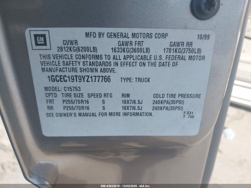 2000 Chevrolet Silverado 1500 Ls VIN: 1GCEC19T9YZ177766 Lot: 43833819
