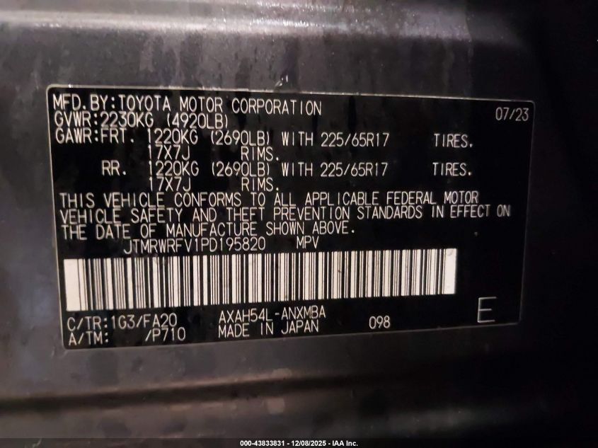 2023 Toyota Rav4 Hybrid Xle VIN: JTMRWRFV1PD195820 Lot: 43833831