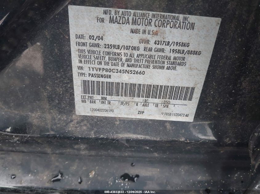 2004 Mazda Mazda6 I VIN: 1YVFP80C345N52660 Lot: 43833833