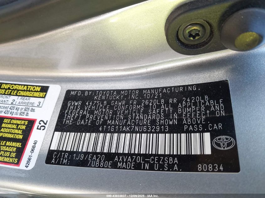 2022 Toyota Camry Se VIN: 4T1G11AK7NU632913 Lot: 43833837