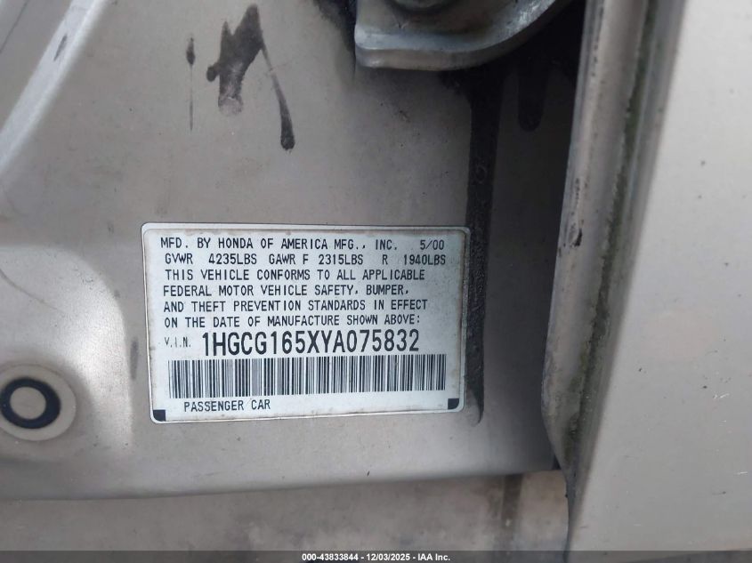 2000 Honda Accord 3.0 Ex VIN: 1HGCG165XYA075832 Lot: 43833844