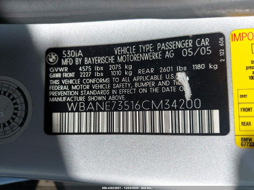 2006 BMW 530I VIN: WBANE73516CM34200 Lot: 43833851