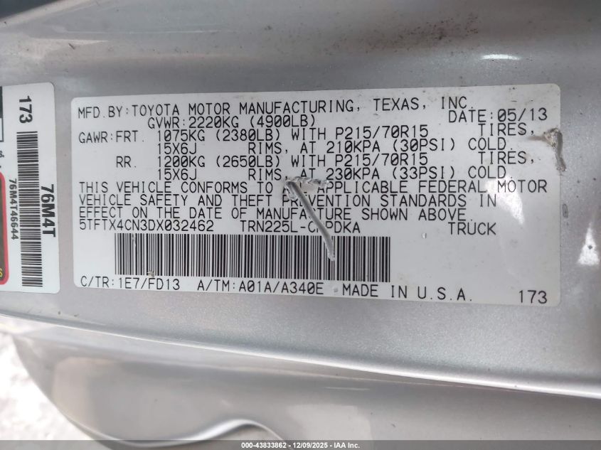 2013 Toyota Tacoma VIN: 5TFTX4CN3DX032462 Lot: 43833862