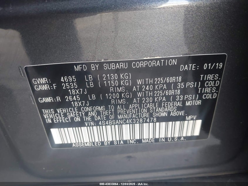 4S4BSANC4K3287478 2019 SUBARU OUTBACK photo no. 9