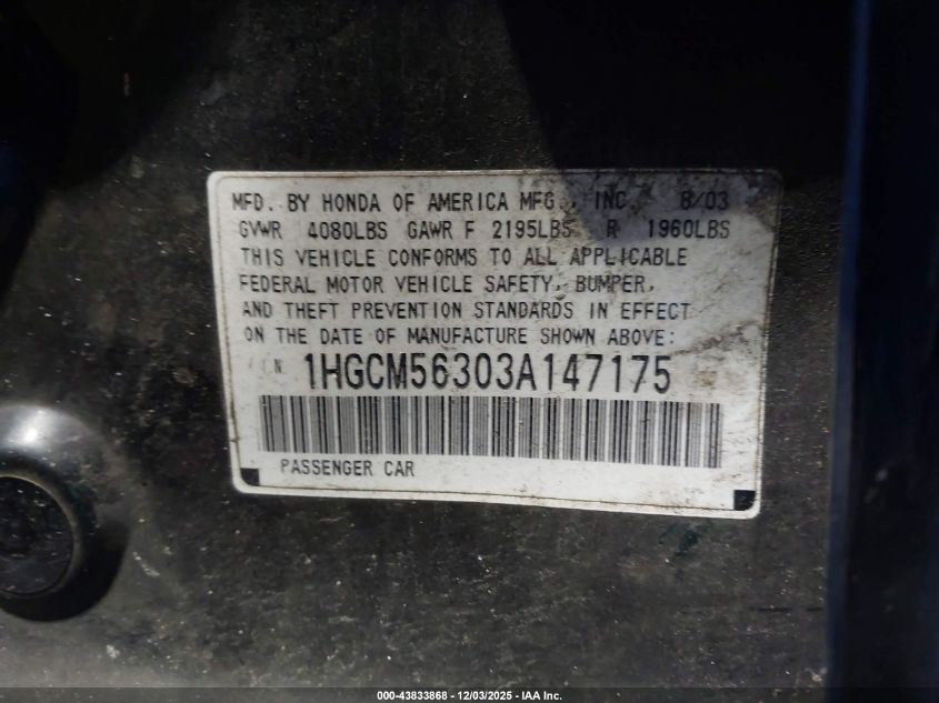 2003 Honda Accord 2.4 Lx VIN: 1HGCM56303A147175 Lot: 43833868
