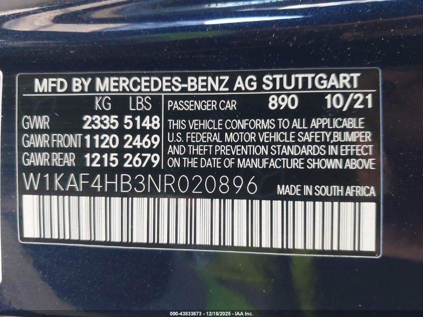 2022 Mercedes-Benz C 300 4Matic VIN: W1KAF4HB3NR020896 Lot: 43833873