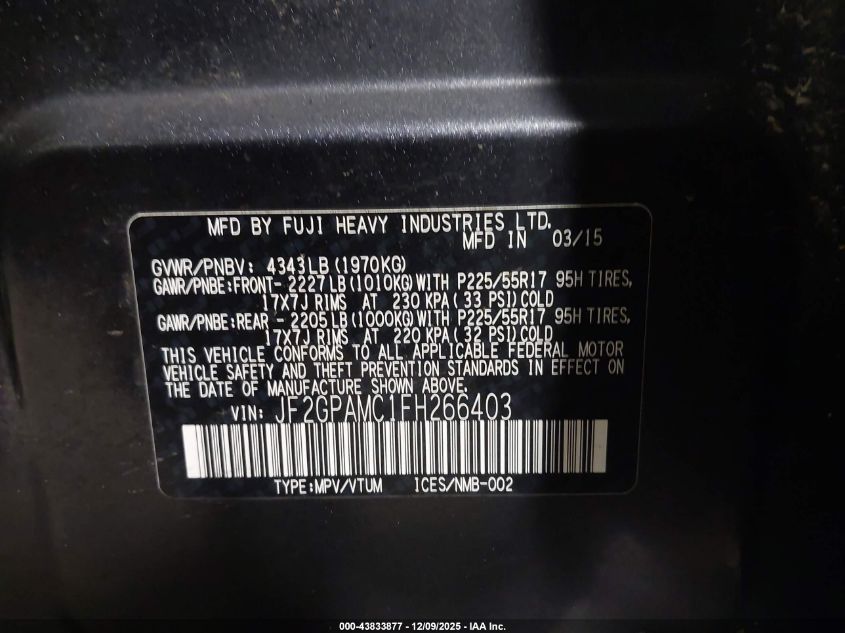 2015 Subaru Xv Crosstrek 2.0I Limited VIN: JF2GPAMC1FH266403 Lot: 43833877