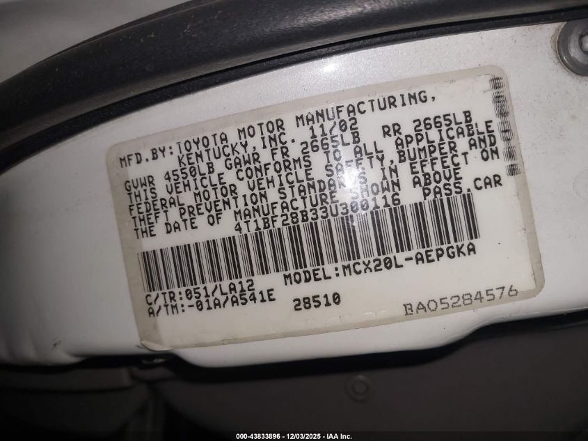 2003 Toyota Avalon Xls VIN: 4T1BF28B33U300116 Lot: 43833896