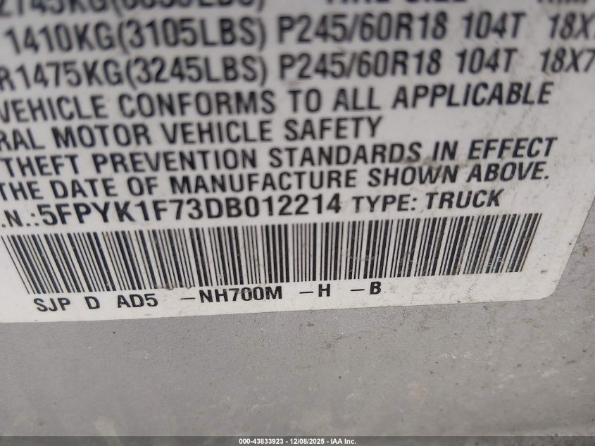 2013 Honda Ridgeline Sport VIN: 5FPYK1F73DB012214 Lot: 43833923