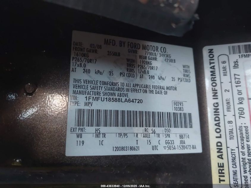 2008 Ford Expedition Eddie Bauer/King Ranch VIN: 1FMFU18588LA64720 Lot: 43833940