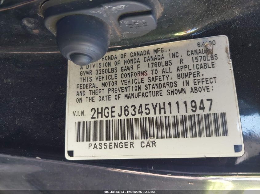 2HGEJ6345YH111947 2000 HONDA CIVIC photo no. 9