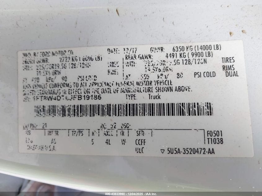 2018 Ford F-450 Xl VIN: 1FT8W4DT6JEB19186 Lot: 43833960