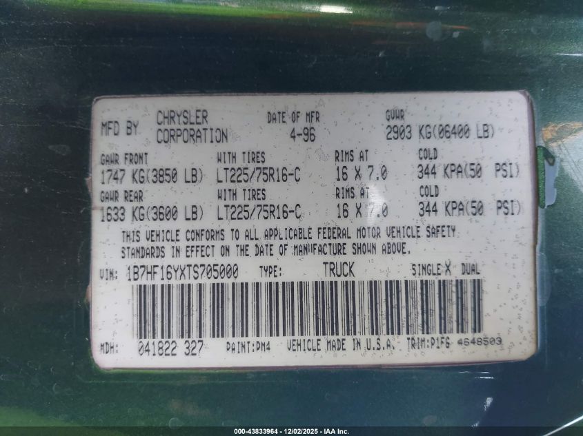 1996 Dodge Ram 1500 VIN: 1B7HF16YXTS705000 Lot: 43833964