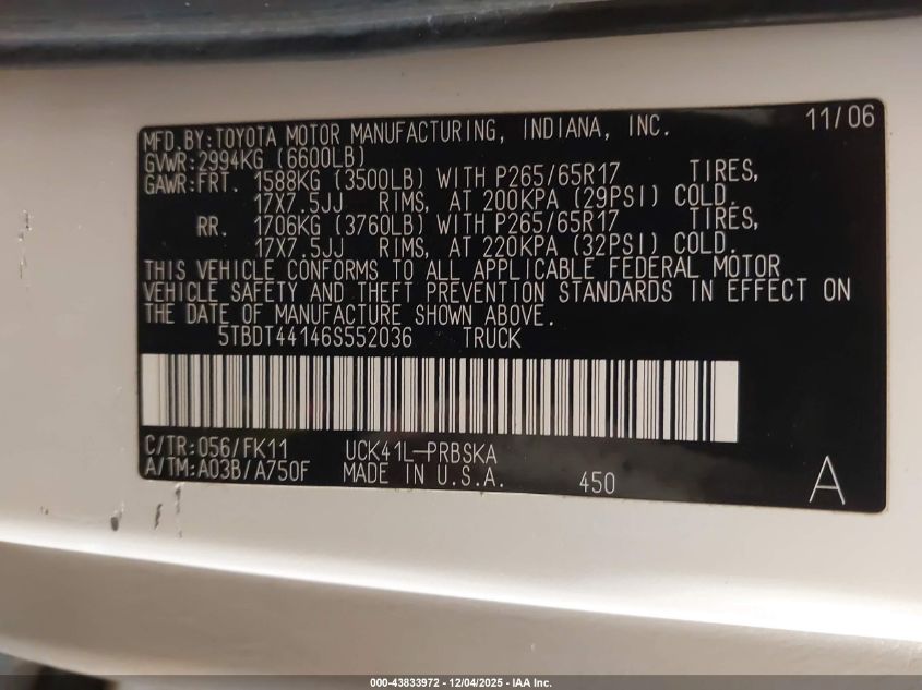 2006 Toyota Tundra Sr5 V8 VIN: 5TBDT44146S552036 Lot: 43833972