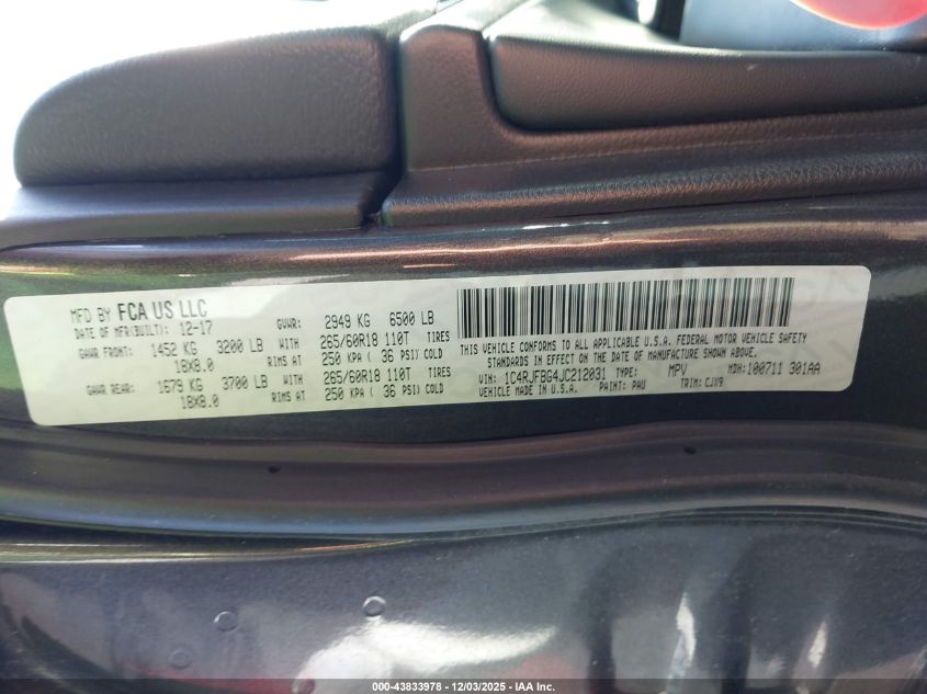 2018 Jeep Grand Cherokee Limited 4X4 VIN: 1C4RJFBG4JC212031 Lot: 43833978