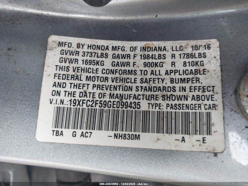 2016 Honda Civic Lx VIN: 19XFC2F59GE099435 Lot: 43833992