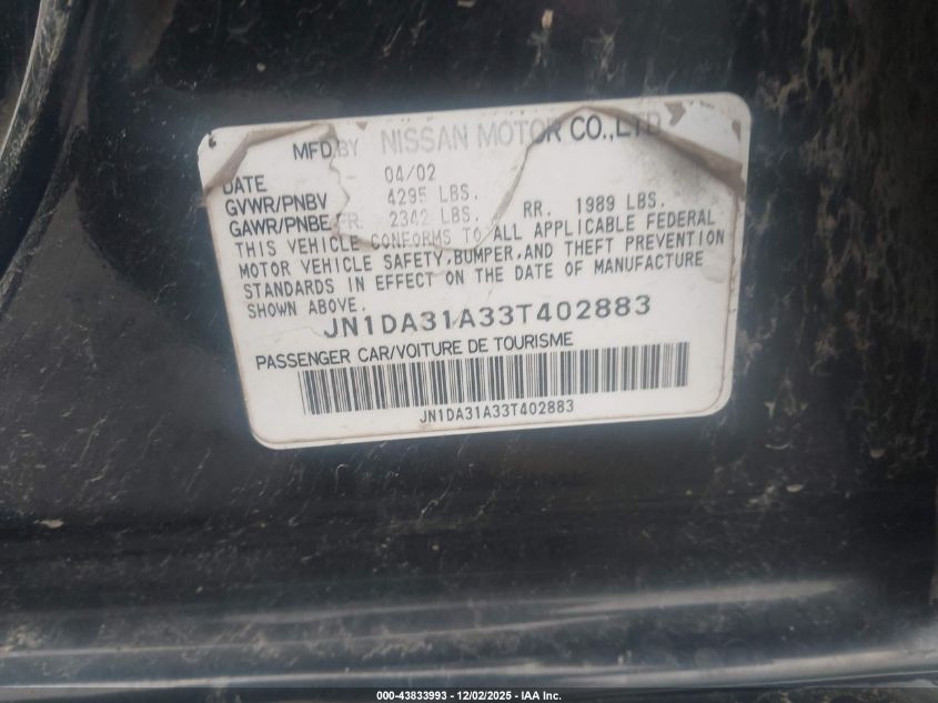 2003 Nissan Maxima Se VIN: JN1DA31A33T402883 Lot: 43833993