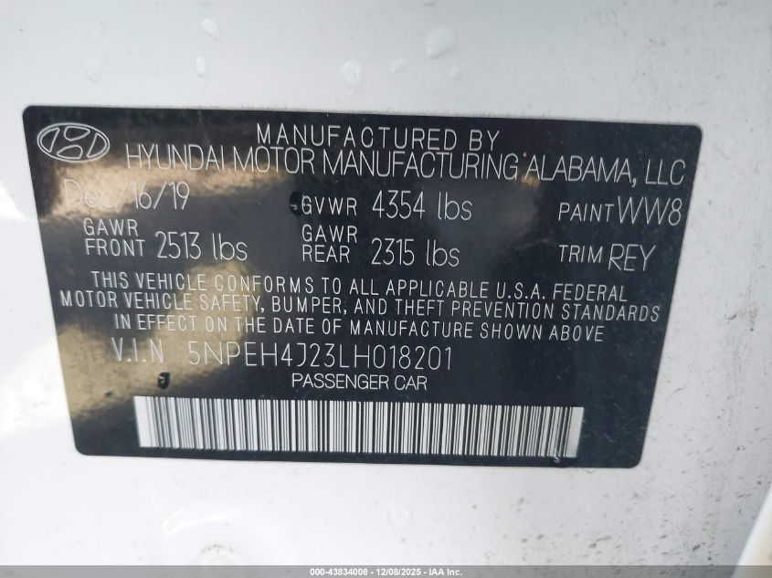 2020 Hyundai Sonata Limited VIN: 5NPEH4J23LH018201 Lot: 43834008