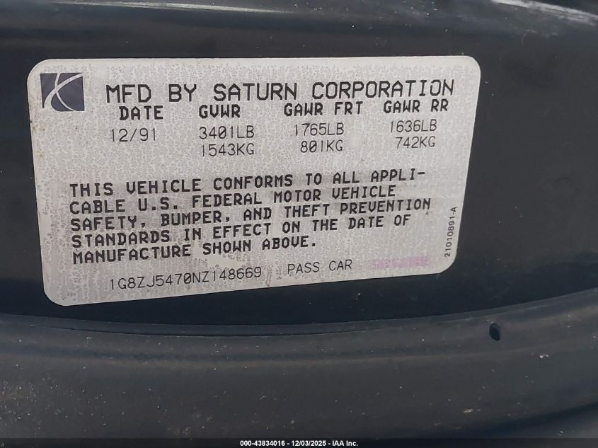 1992 Saturn Sl2 VIN: 1G8ZJ5470NZ148669 Lot: 43834016