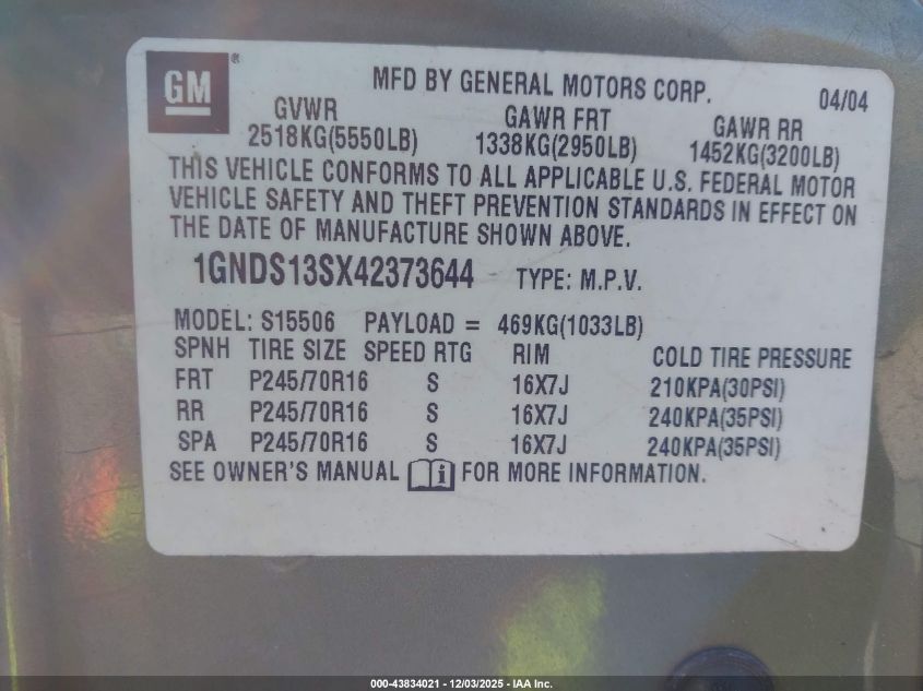 2004 Chevrolet Trailblazer Ls VIN: 1GNDS13SX42373644 Lot: 43834021