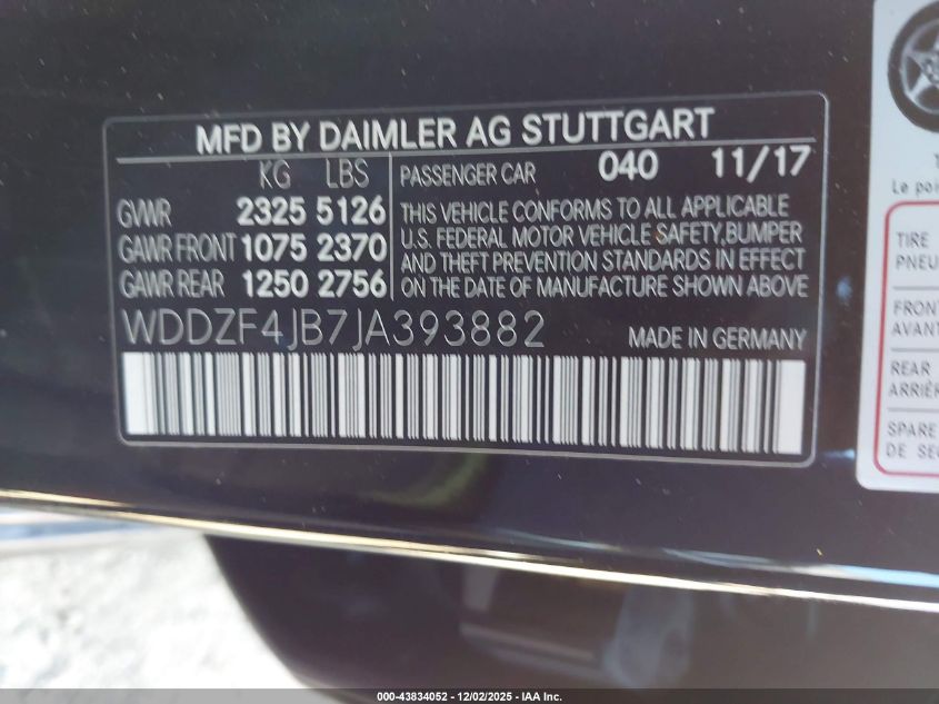 2018 Mercedes-Benz E 300 VIN: WDDZF4JB7JA393882 Lot: 43834052